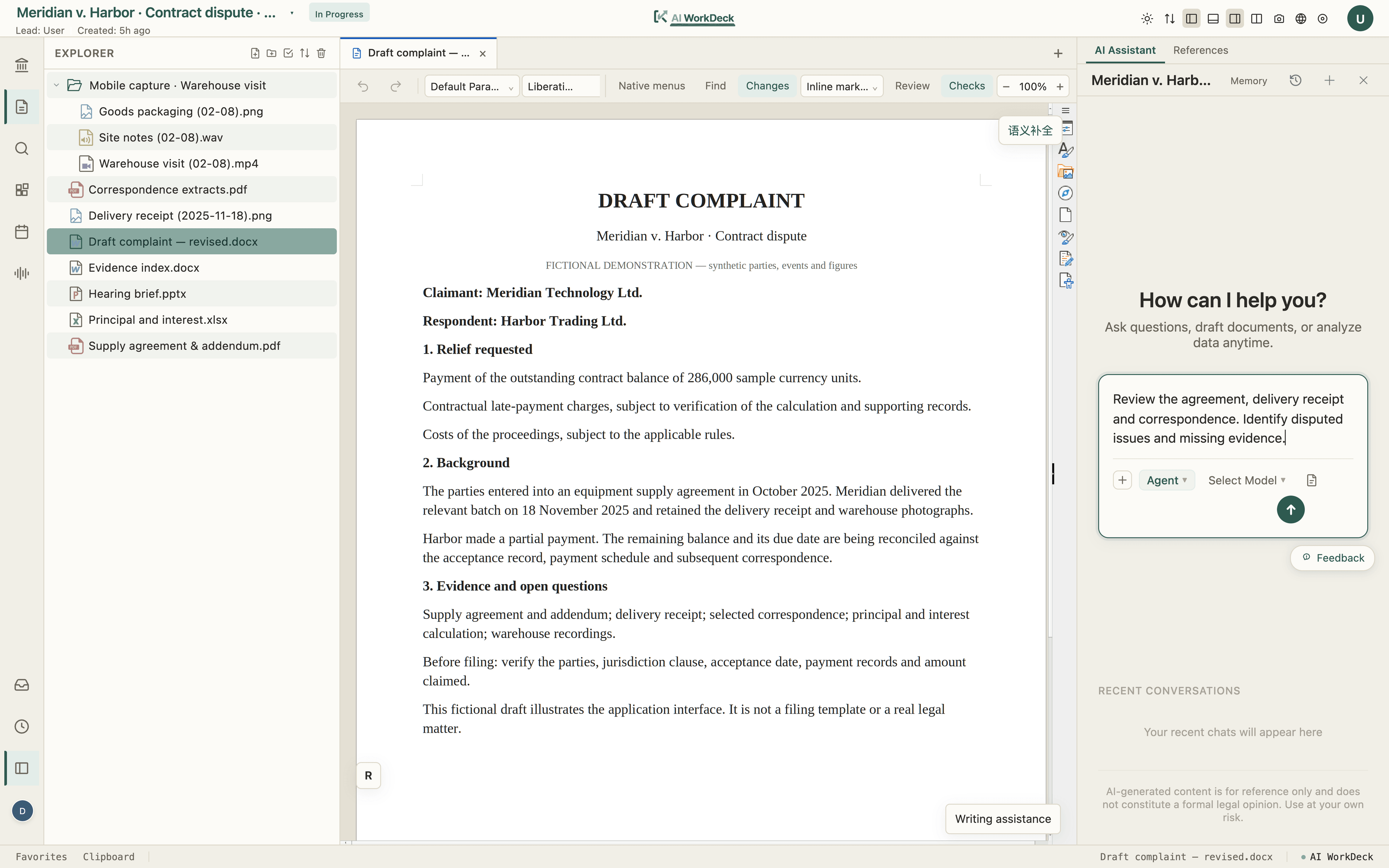 AI WorkDeck Community Edition demonstration: project files, document editing and the AI assistant, side by side in one workspace